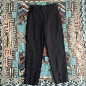 Zara High Rise Trouser Pants Womens Large Black Straight Leg Belted Pleated